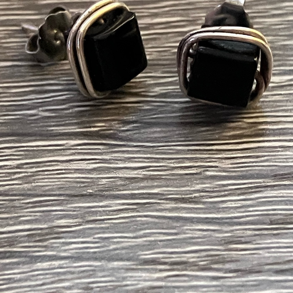 Onyx Square  Stud Earrings with Silver Wrap